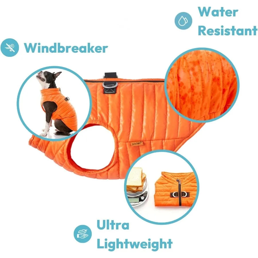 Dog Jacket in Orange for Small to Medium Dogs, Water Resistant with Dual D Ring Leash