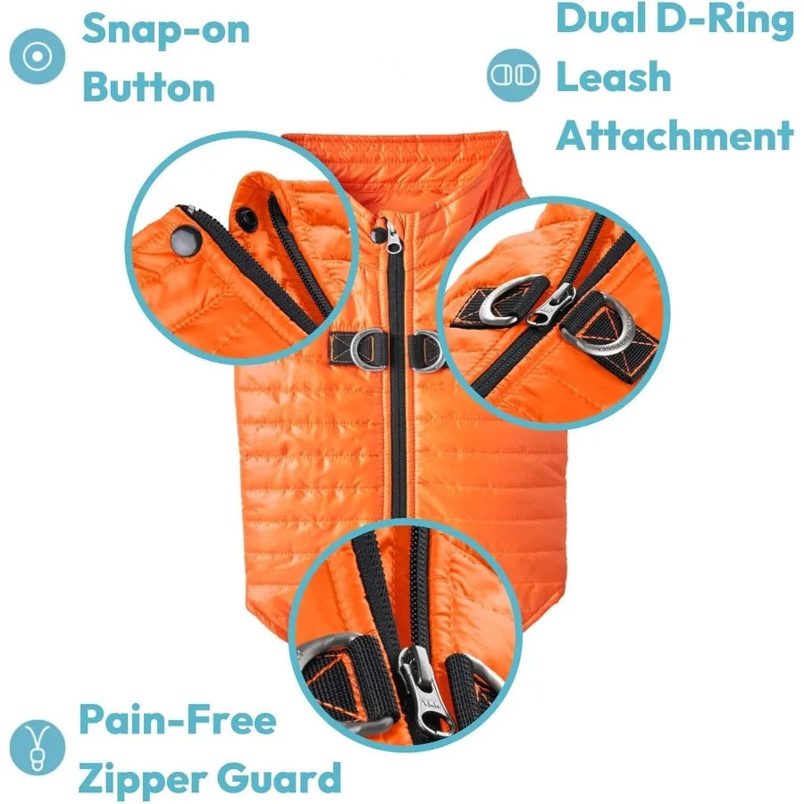 Dog Jacket in Orange for Small to Medium Dogs, Water Resistant with Dual D Ring Leash