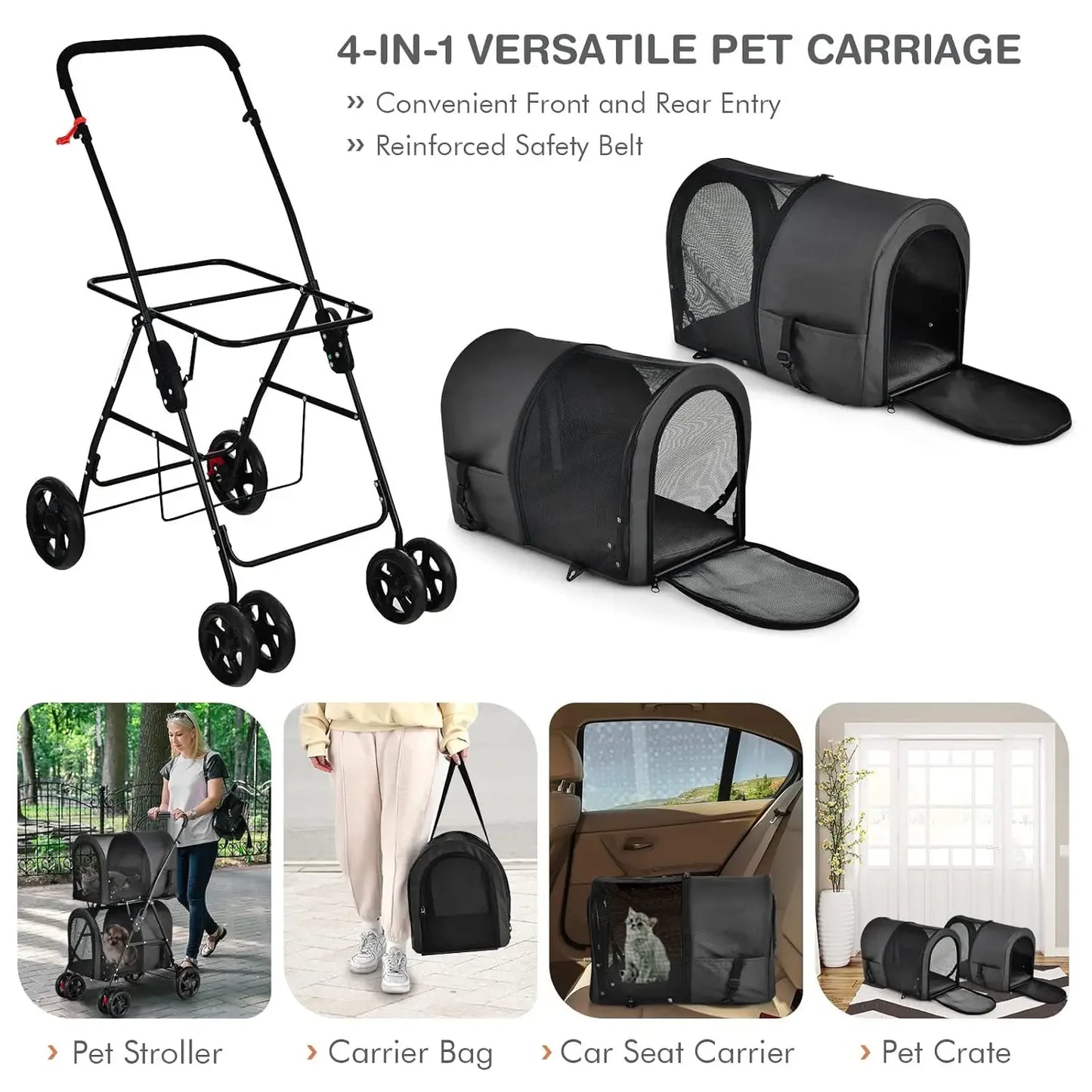 Pet Stroller with 2 Detachable Carrier Bags