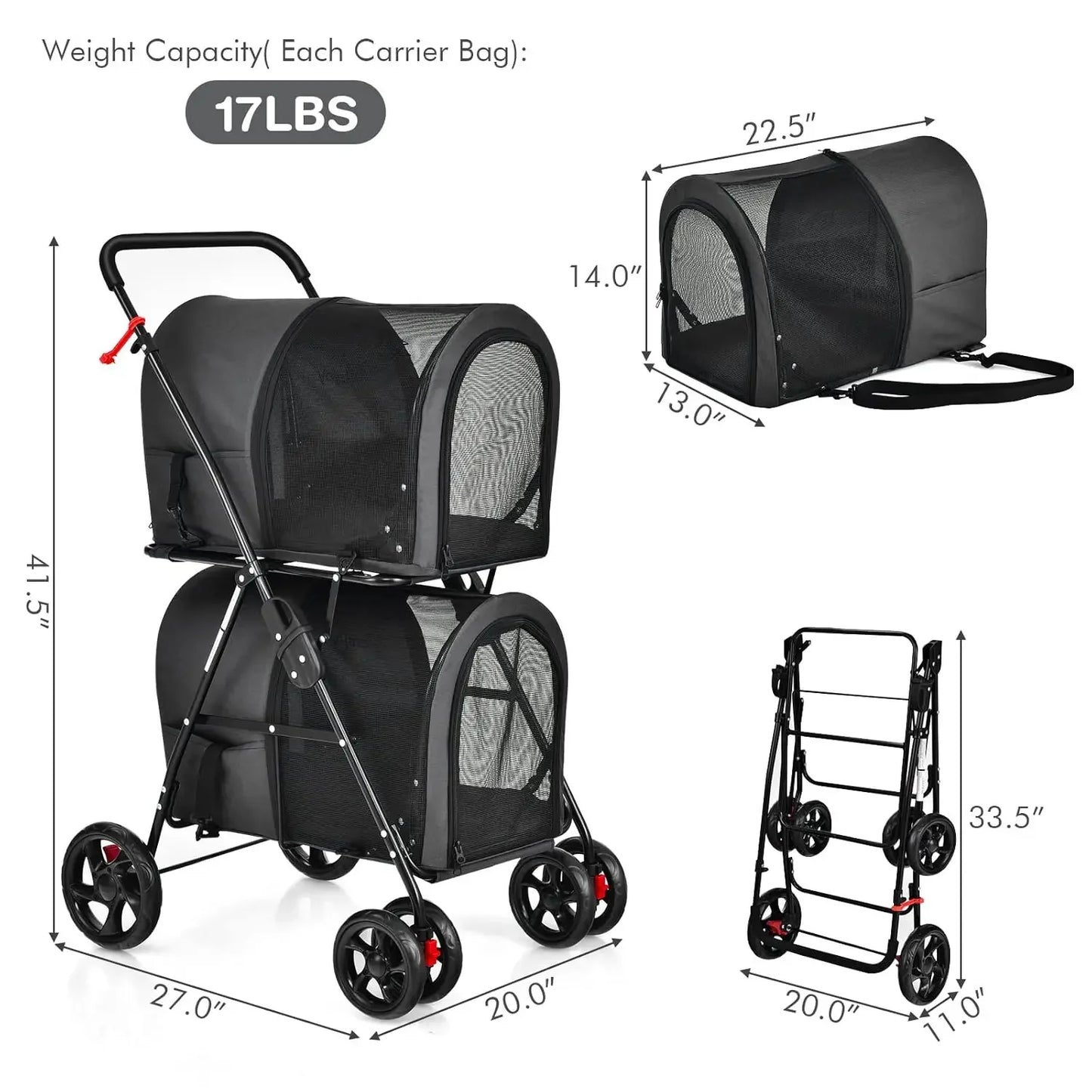 Pet Stroller with 2 Detachable Carrier Bags